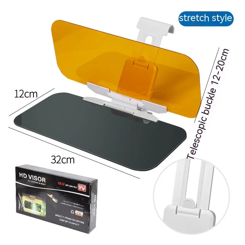 Car sun visor with anti-high beam goggles showing telescopic installation and adjustment buttons