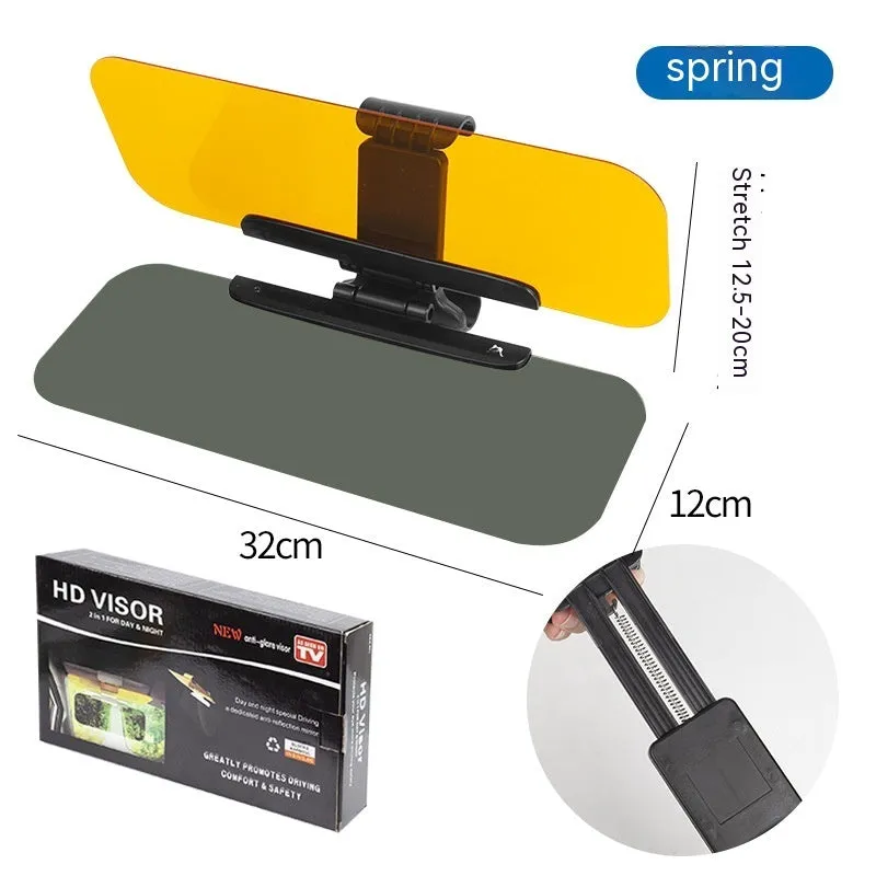 Car sun visor with anti-high beam goggles showing telescopic installation and adjustment buttons
