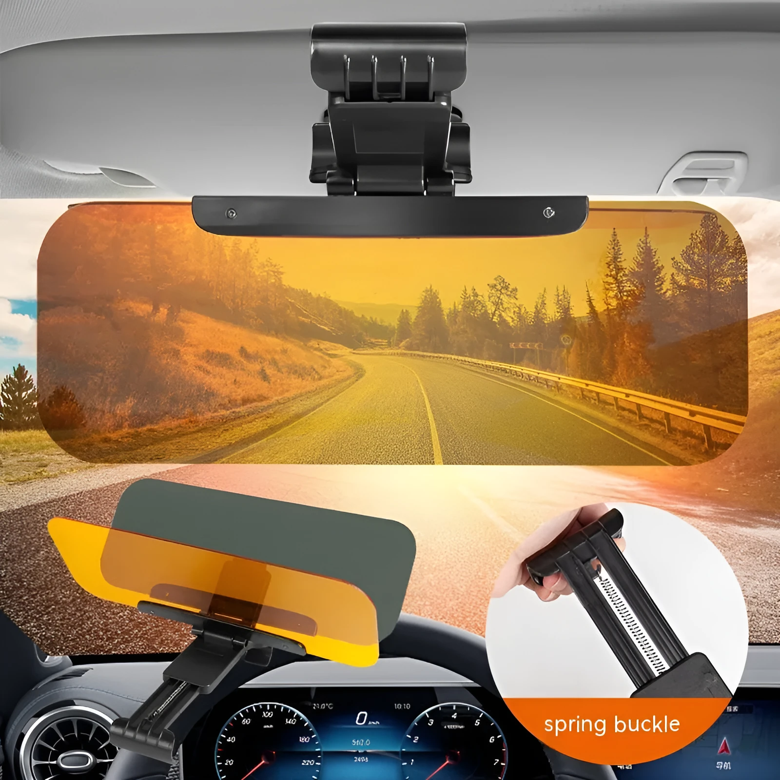 Car sun visor with anti-high beam goggles showing telescopic installation and adjustment buttons