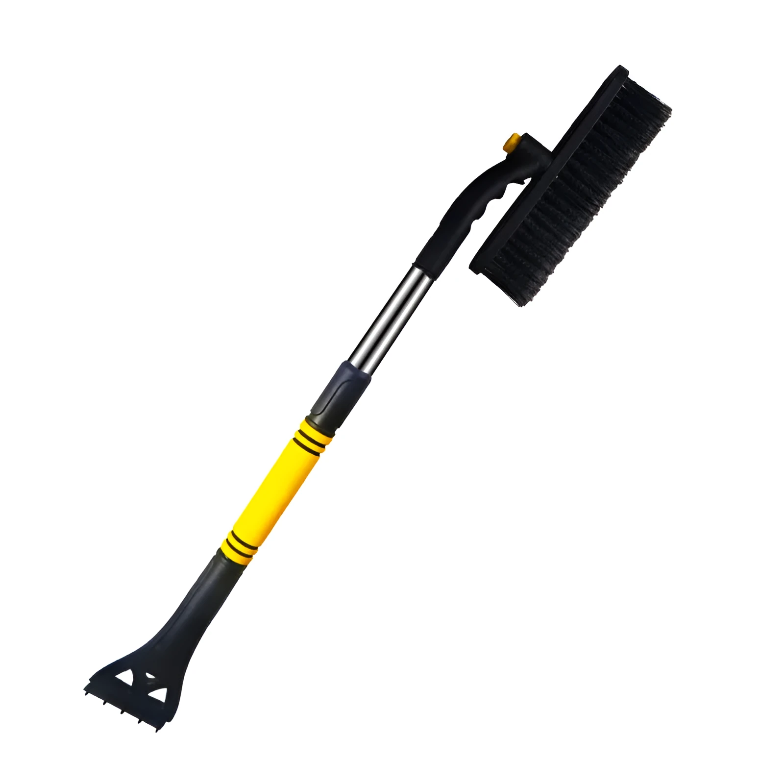 Yellow vehicle mounted telescopic snow removal shovel with brush and ice scraper extended to 80cm on car windscreen