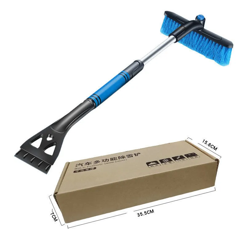 Yellow vehicle mounted telescopic snow removal shovel with brush and ice scraper extended to 80cm on car windscreen