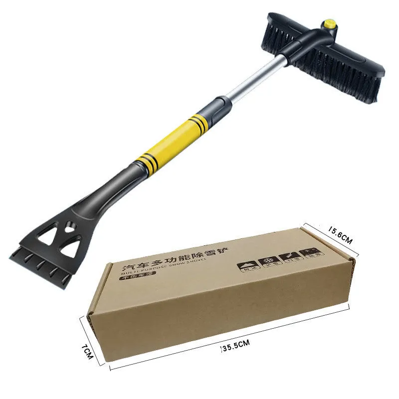 Yellow vehicle mounted telescopic snow removal shovel with brush and ice scraper extended to 80cm on car windscreen