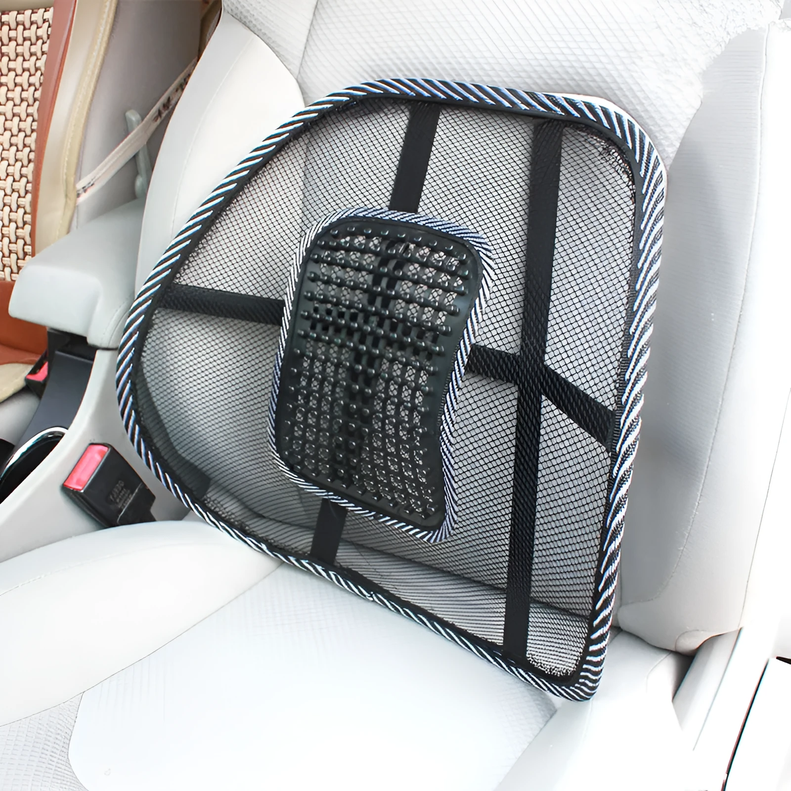 Black car lumbar support pillow with leather nail pattern measuring 41cm by 39cm