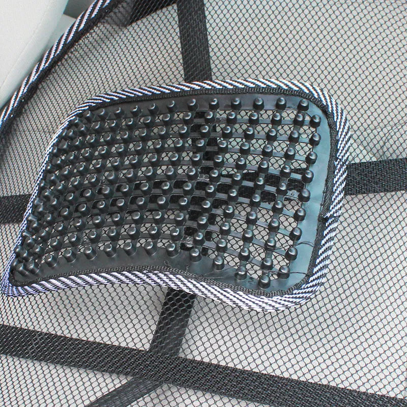Black car lumbar support pillow with leather nail pattern measuring 41cm by 39cm