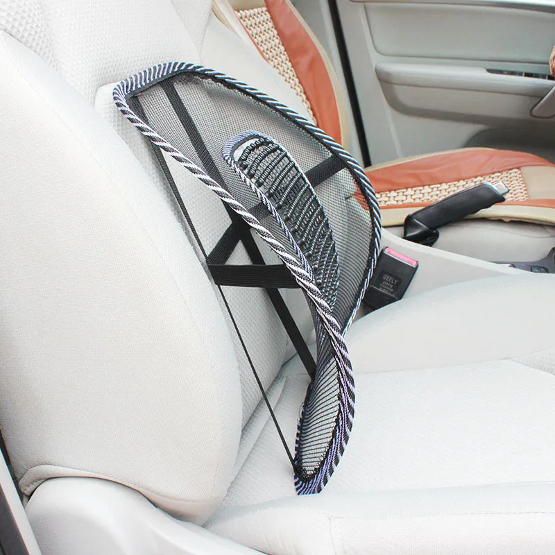 Black car lumbar support pillow with leather nail pattern measuring 41cm by 39cm