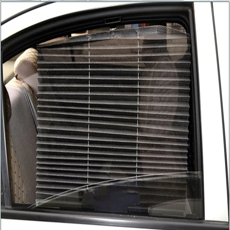 Auto retractable car side window sunshade in nylon net cloth with 3 point fixation, beige colour