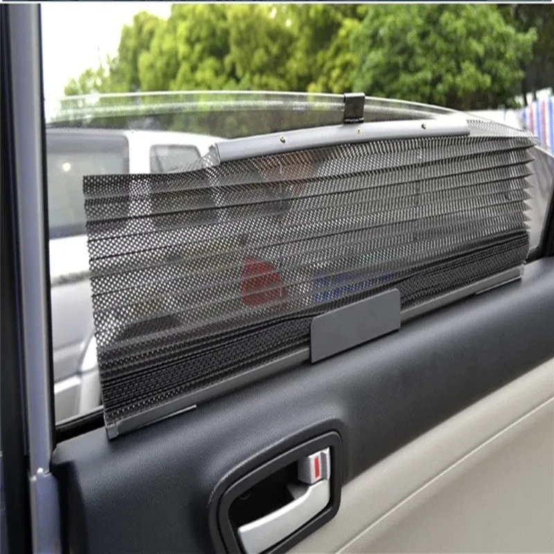 Auto retractable car side window sunshade in nylon net cloth with 3 point fixation, beige colour