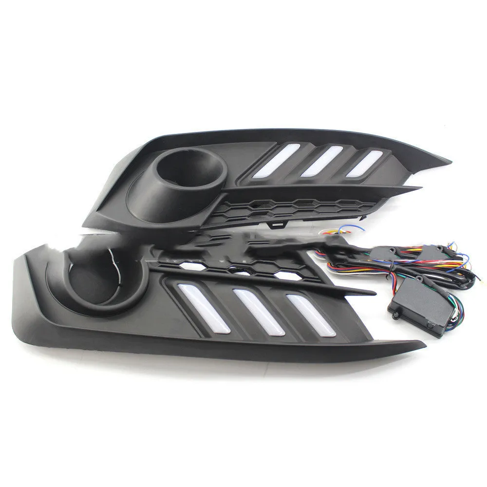 Mustang Civic LED daytime running lights with black housing emitting white blue yellow light