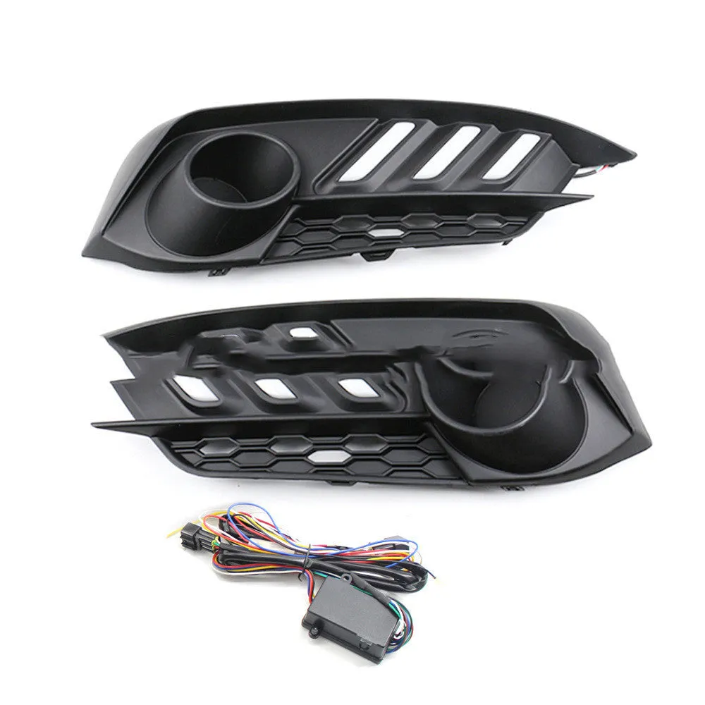 Mustang Civic LED daytime running lights with black housing emitting white blue yellow light