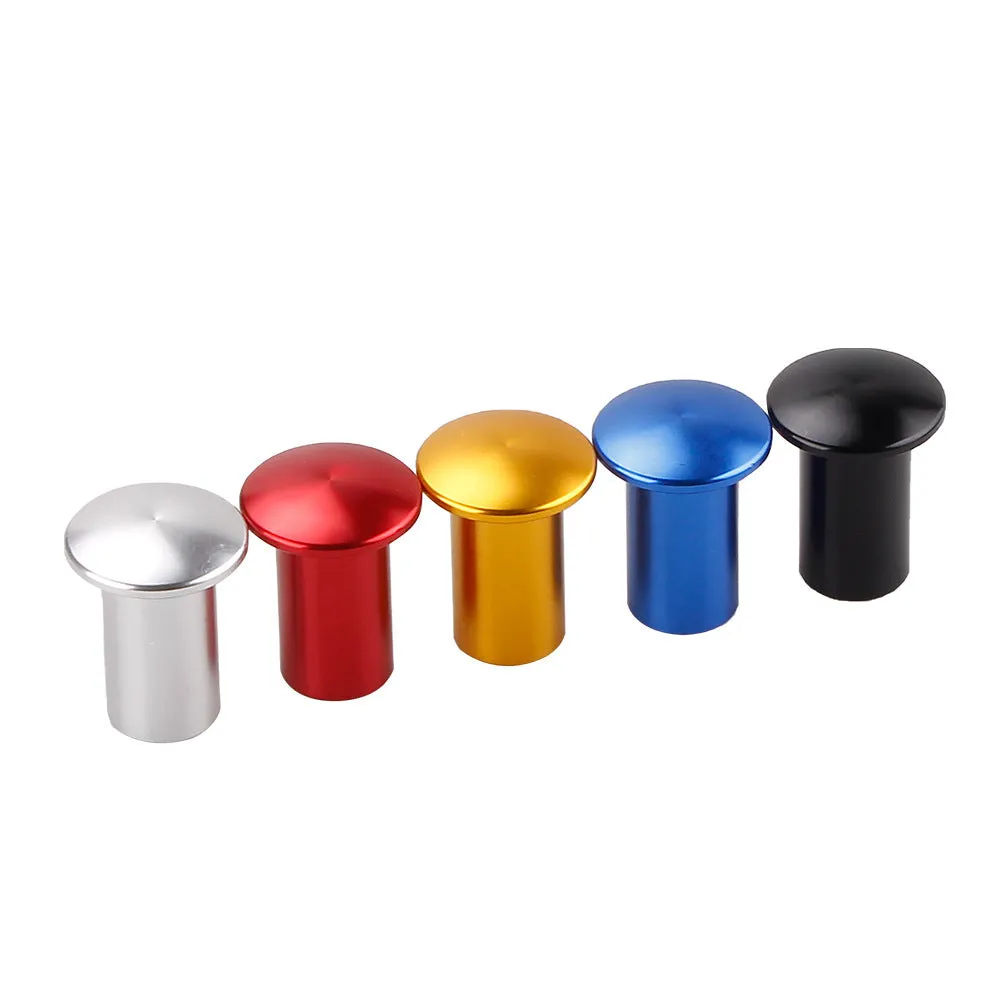 Aluminium alloy handbrake release button cap for car modification in gold, silver, black, blue, and red colours.