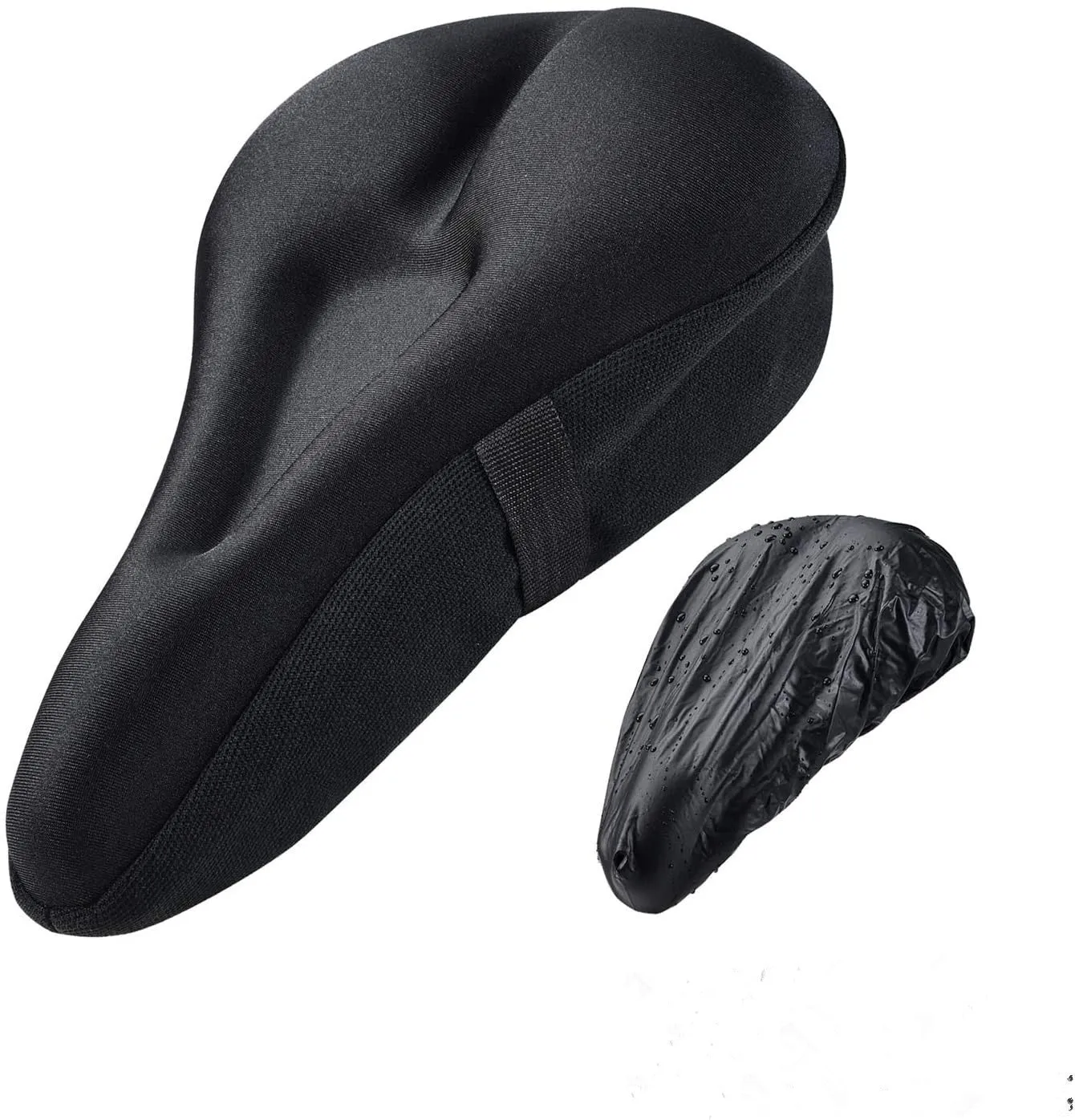 Gel bicycle seat cushion in black with straps and rain cover, 28x17x3 cm size for mountain bikes