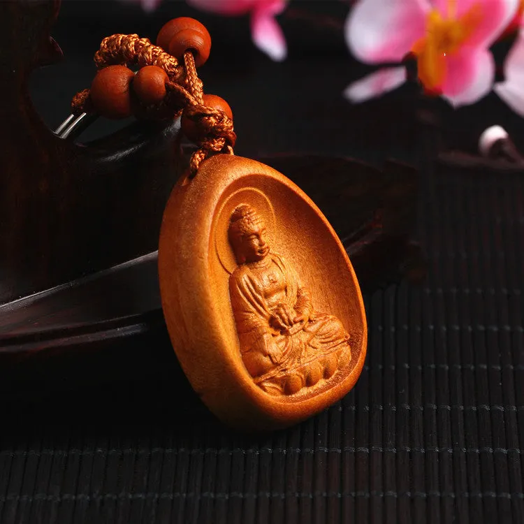 Eight patron saint keychains in natural Taomu wood, peach wood colour, 10x3.2x4cm size, orange colour option available