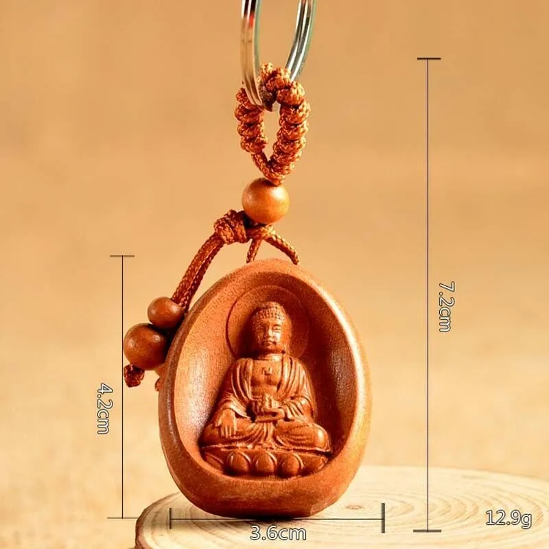 Eight patron saint keychains in natural Taomu wood, peach wood colour, 10x3.2x4cm size, orange colour option available