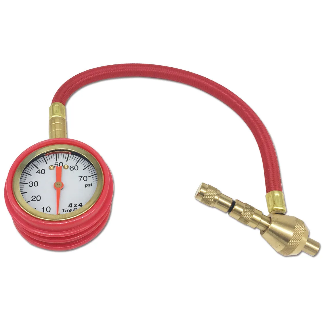 Red and black mechanical automobile tyre pressure gauge with a rubber shell and deflation button.