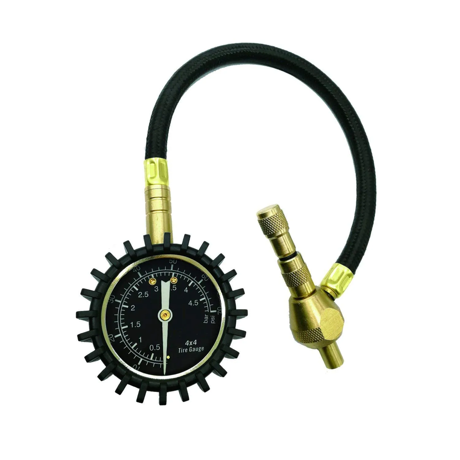 Red and black mechanical automobile tyre pressure gauge with a rubber shell and deflation button.