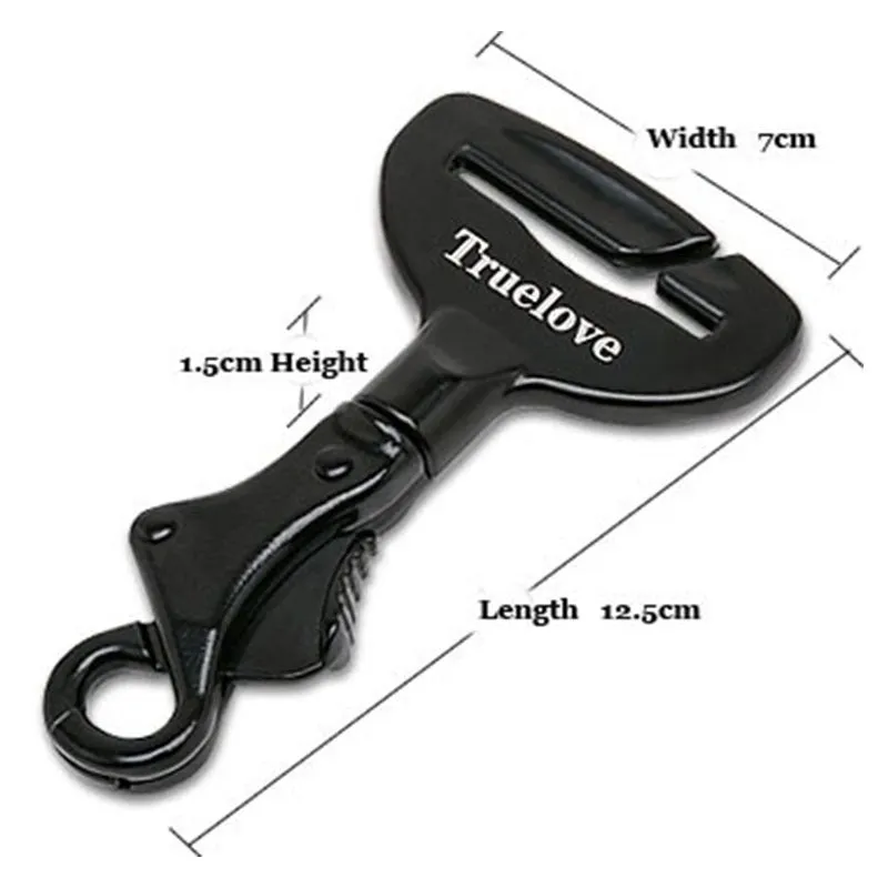 Black aluminium alloy dog car seat belt lock with 5cm tab resting on car seat