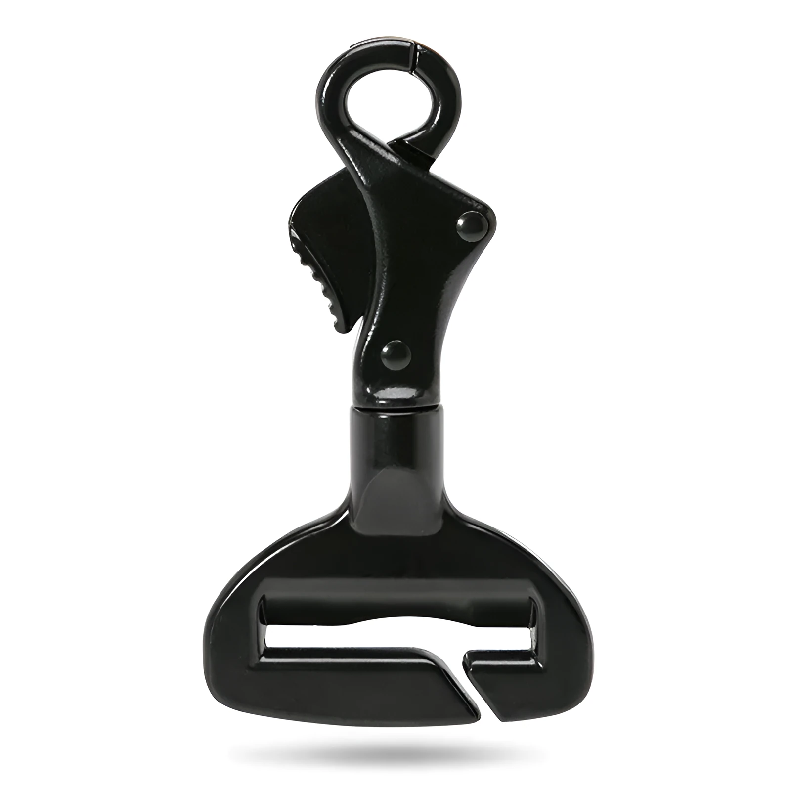 Black aluminium alloy dog car seat belt lock with 5cm tab resting on car seat