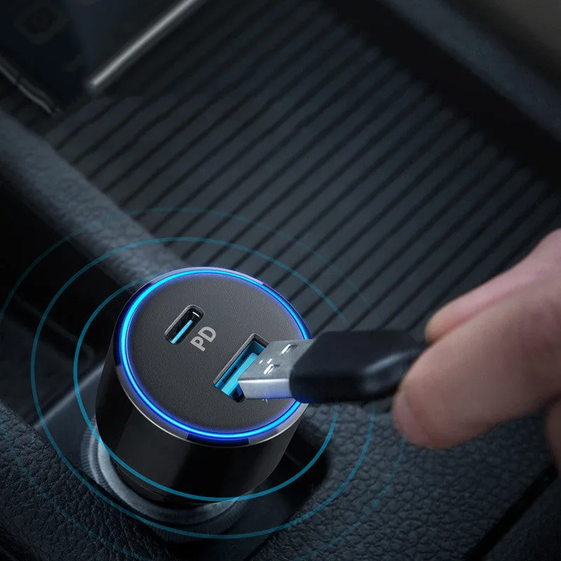 High-power one for two fast charging car charger with dual USB ports, compact 63x35x35mm size, black
