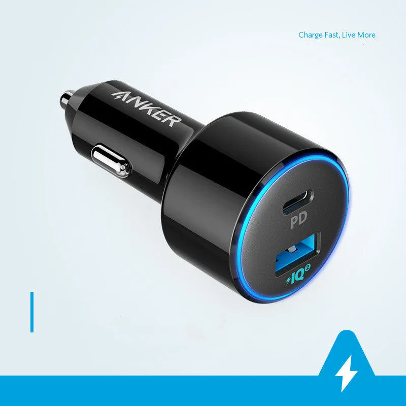 High-power one for two fast charging car charger with dual USB ports, compact 63x35x35mm size, black