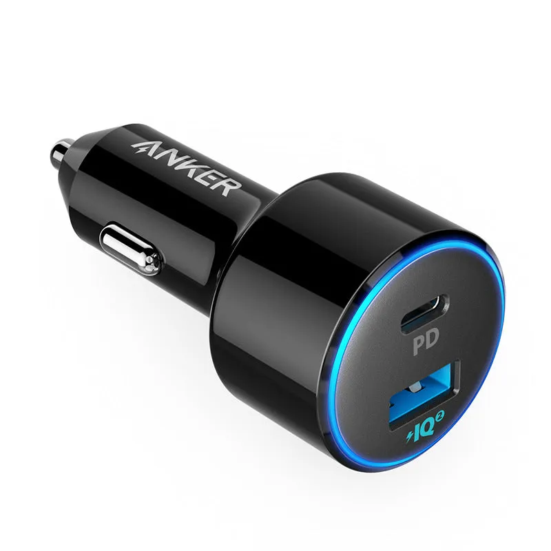 High-power one for two fast charging car charger with dual USB ports, compact 63x35x35mm size, black