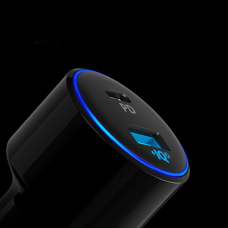 High-power one for two fast charging car charger with dual USB ports, compact 63x35x35mm size, black