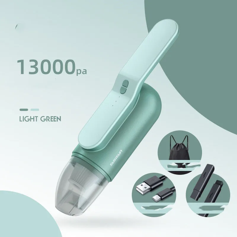 Green handheld car mini vacuum cleaner with UV lamp, 130mbar suction, wireless USB rechargeable, ABS body