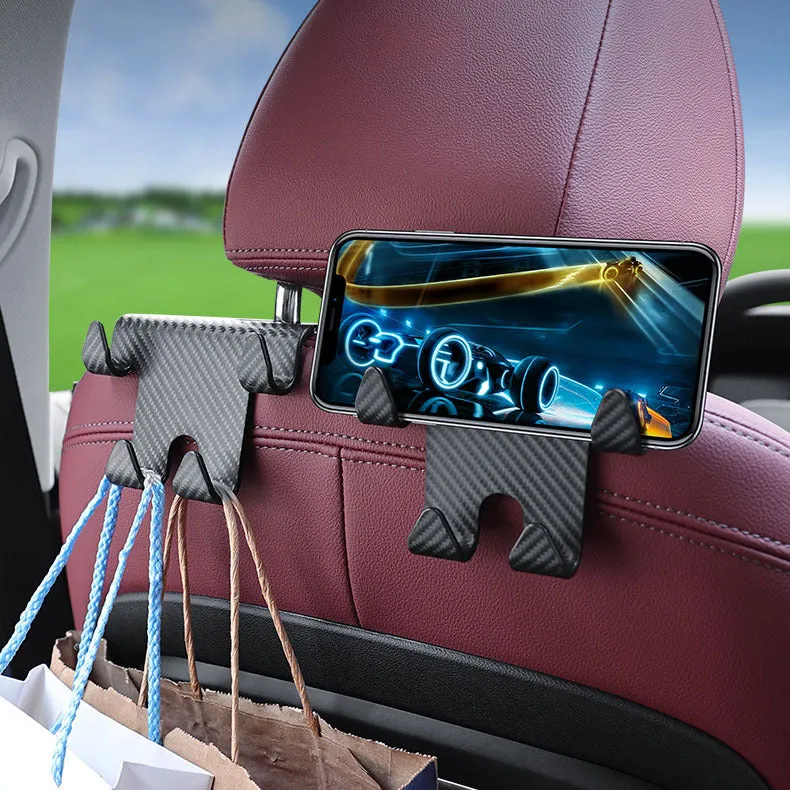Black ABS plastic car hook and mobile phone holder bracket for rear seat back storage.