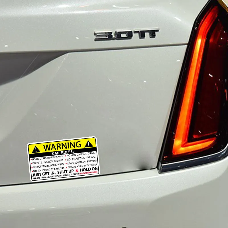 Car safety warning rules sticker 10cm x 6cm with strong adhesion for interior dashboard placement