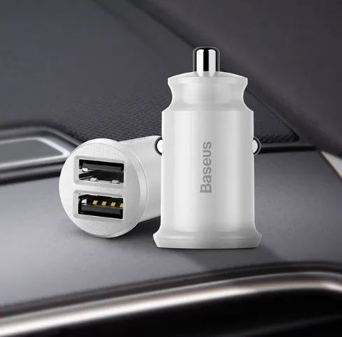 BASEUS mini dual USB car charger black front view with two USB ports and compact body