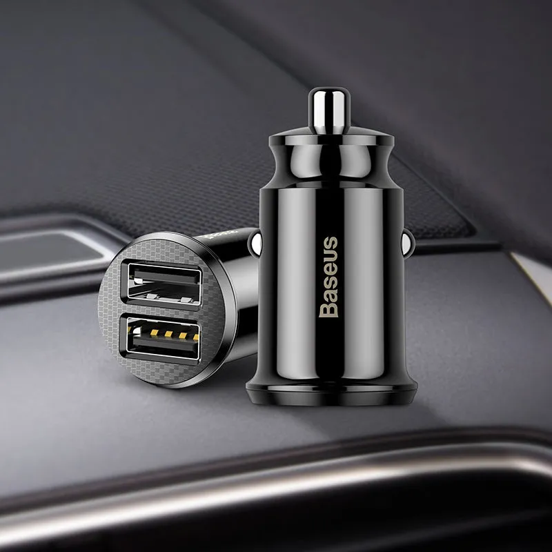BASEUS mini dual USB car charger black front view with two USB ports and compact body
