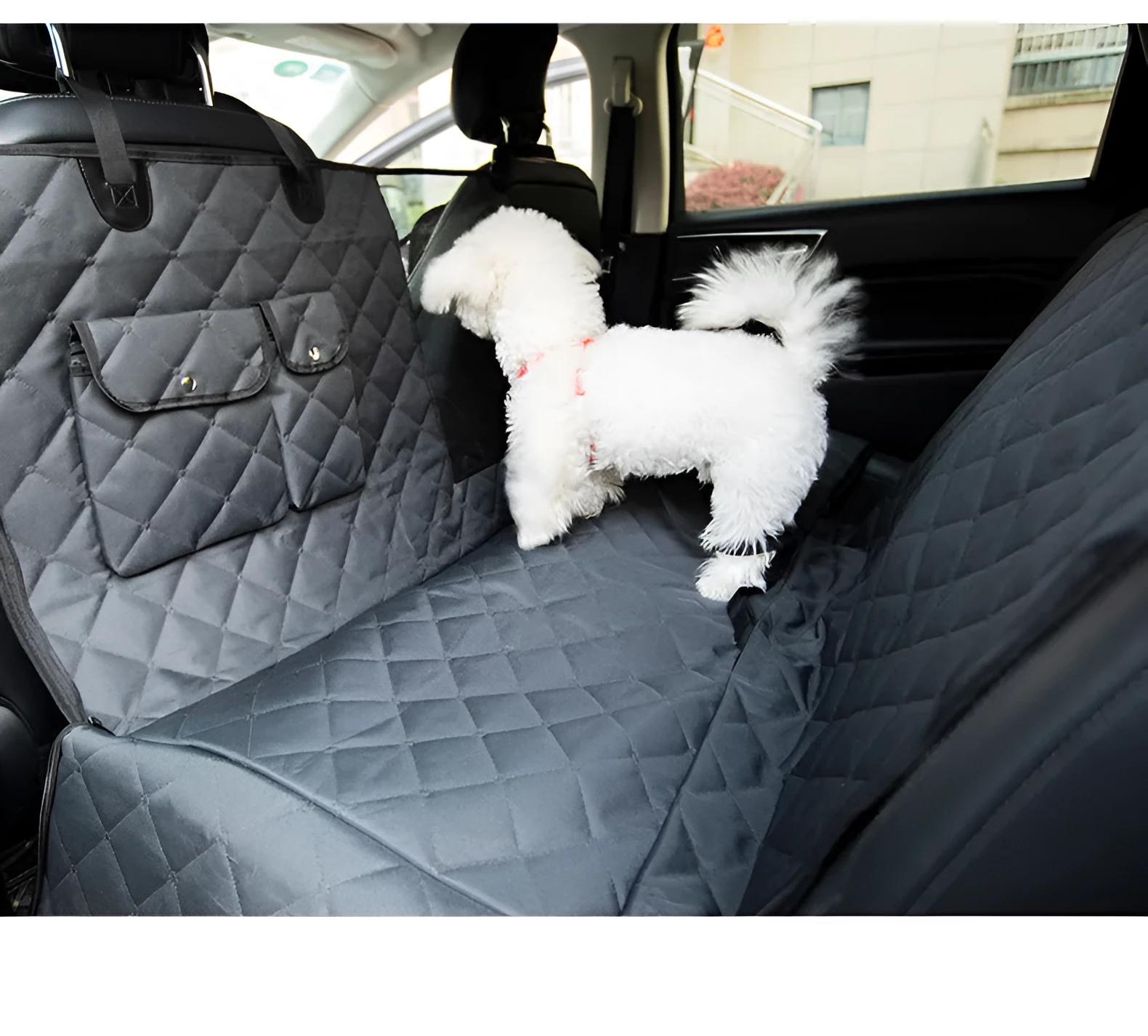 Black polyester two-seater car rear pet mat, waterproof and scratch-resistant, laid across a car seat
