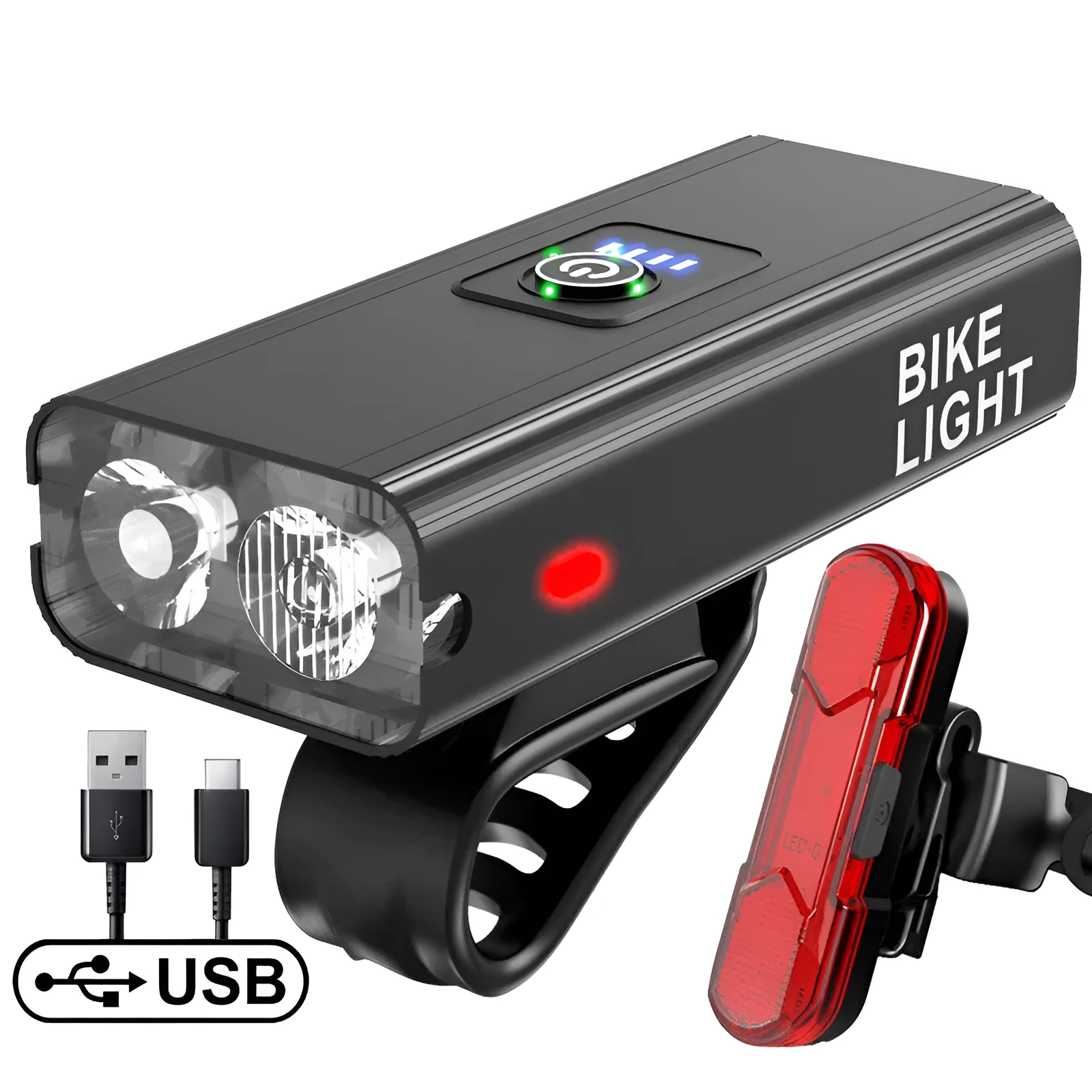 USB rechargeable outdoor waterproof bike light with double T6 lamp beads and power display, large double lamp model on handlebars
