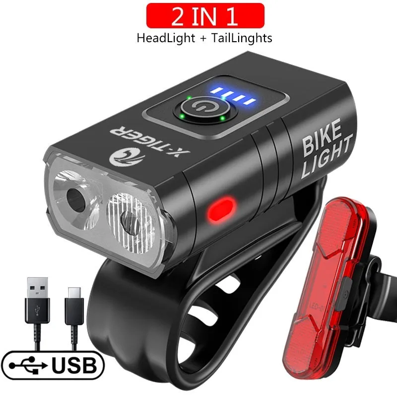 USB rechargeable outdoor waterproof bike light with double T6 lamp beads and power display, large double lamp model on handlebars