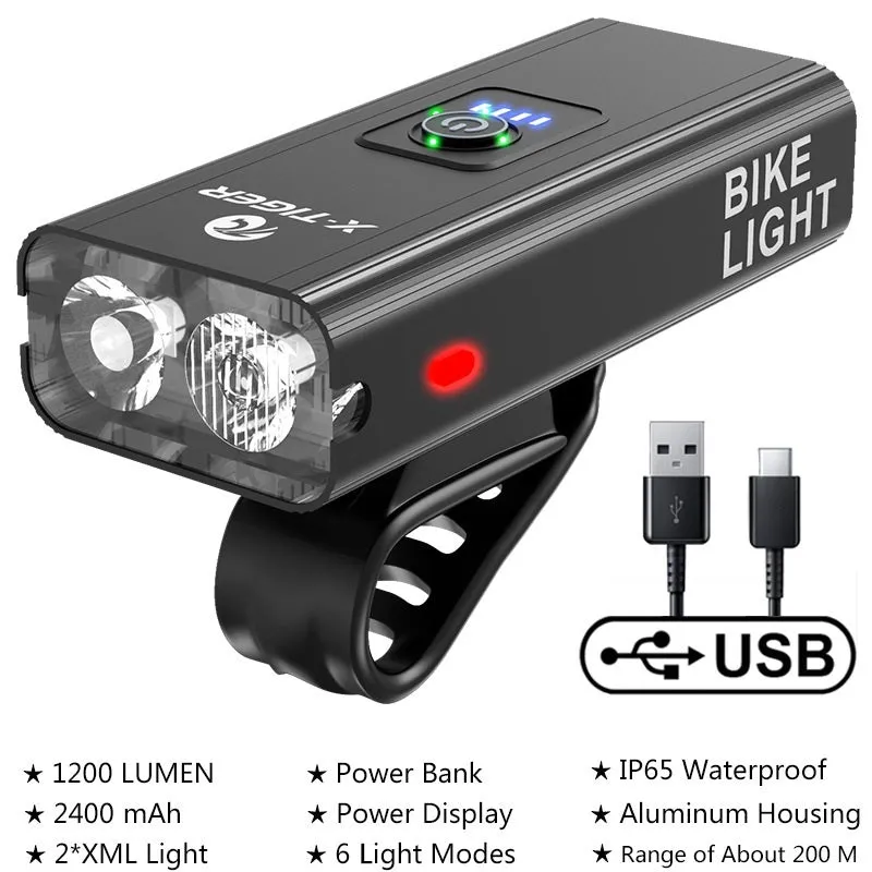 USB rechargeable outdoor waterproof bike light with double T6 lamp beads and power display, large double lamp model on handlebars