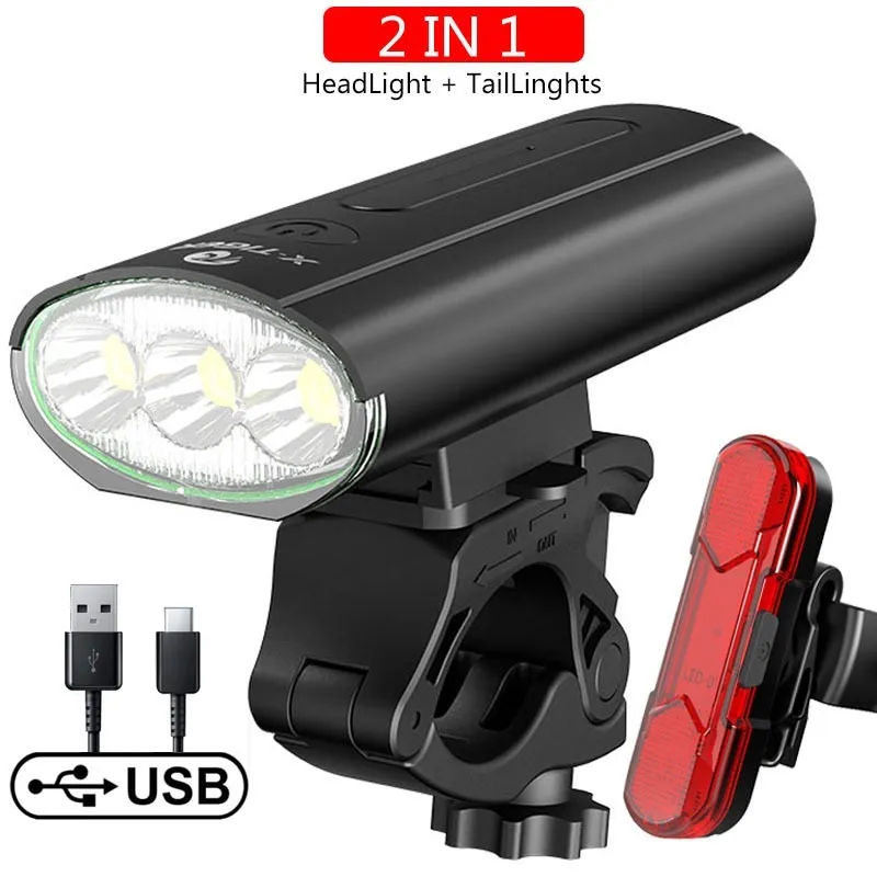 USB rechargeable outdoor waterproof bike light with double T6 lamp beads and power display, large double lamp model on handlebars