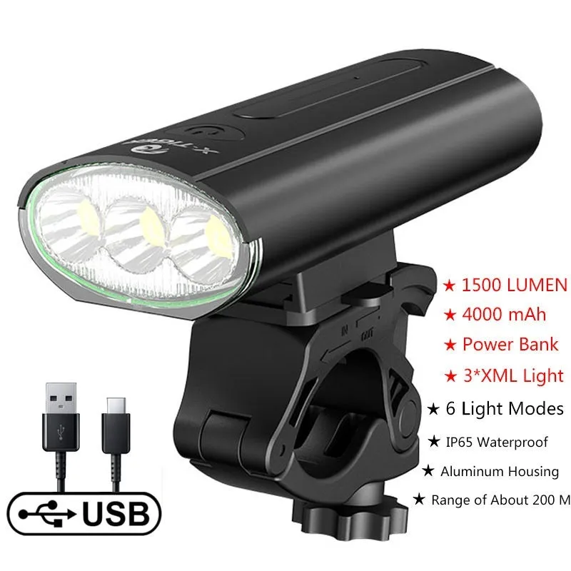 USB rechargeable outdoor waterproof bike light with double T6 lamp beads and power display, large double lamp model on handlebars