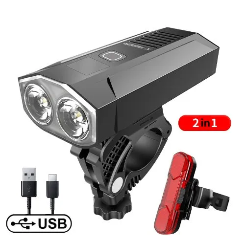 USB rechargeable outdoor waterproof bike light with double T6 lamp beads and power display, large double lamp model on handlebars