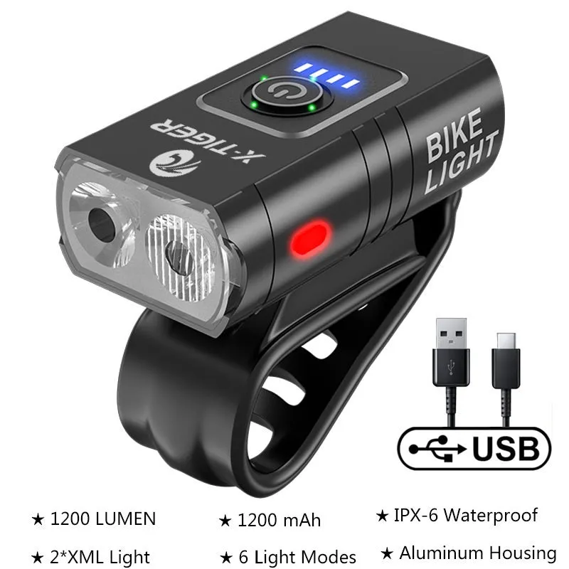 USB rechargeable outdoor waterproof bike light with double T6 lamp beads and power display, large double lamp model on handlebars