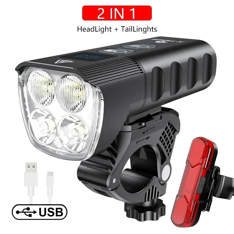 USB rechargeable outdoor waterproof bike light with double T6 lamp beads and power display, large double lamp model on handlebars