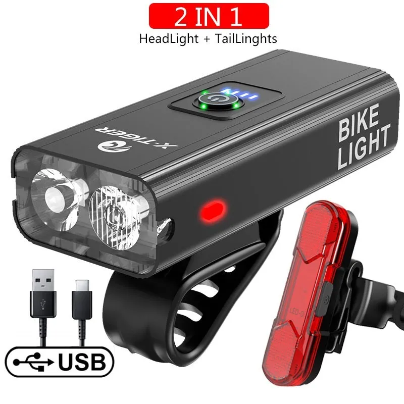 USB rechargeable outdoor waterproof bike light with double T6 lamp beads and power display, large double lamp model on handlebars