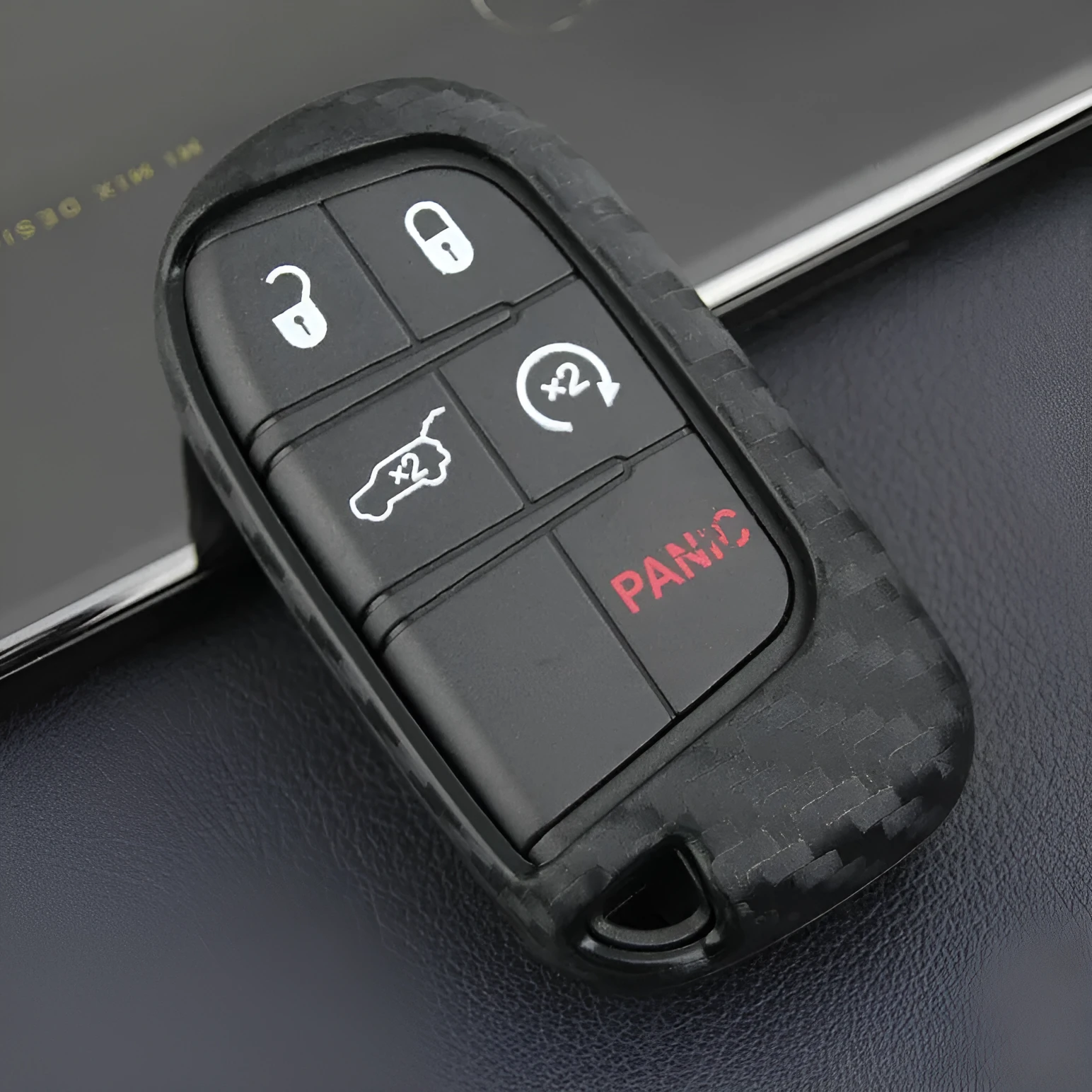 Carbon fibre patterned silicone protective case for Dodge Chrysler Fiat remote car keys.