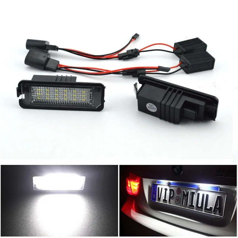 Volkswagen LED licence plate light unit showing 24 SMD 3528 LEDs, for Golf, Polo, Phaeton models.