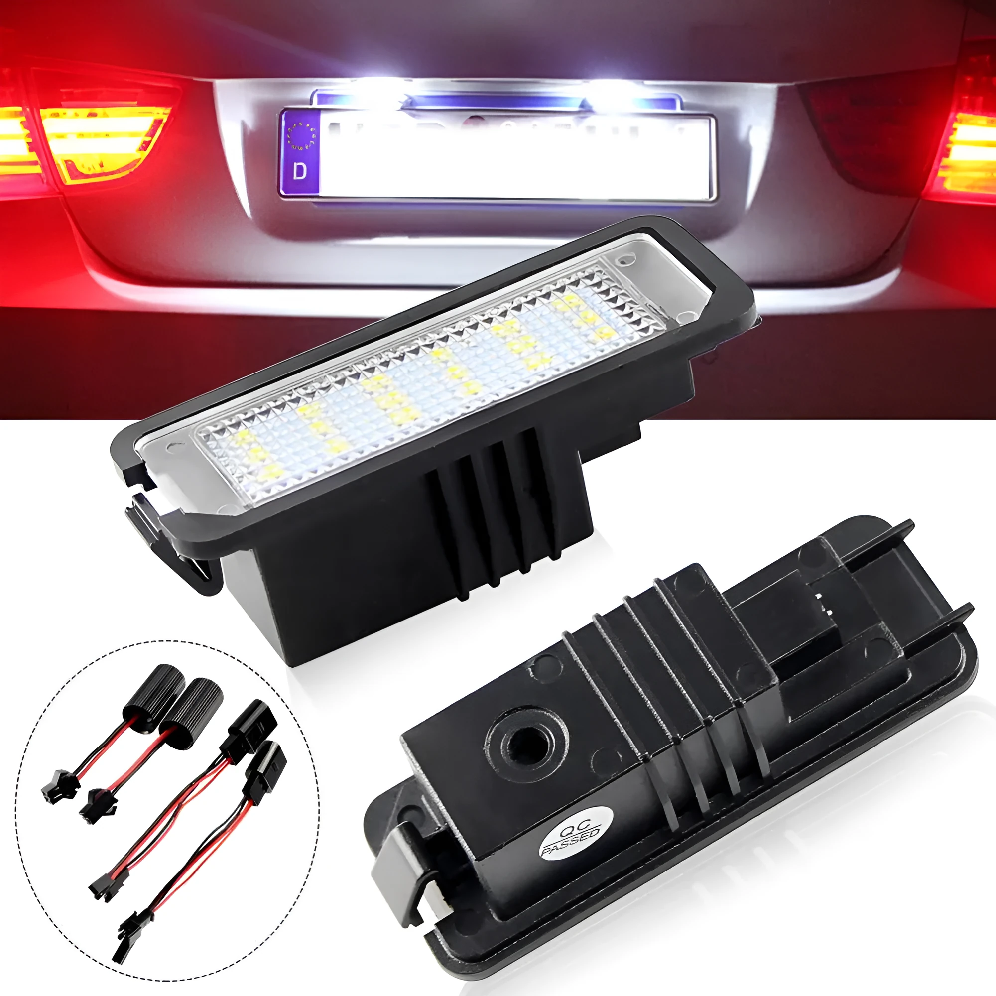 Volkswagen LED licence plate light unit showing 24 SMD 3528 LEDs, for Golf, Polo, Phaeton models.