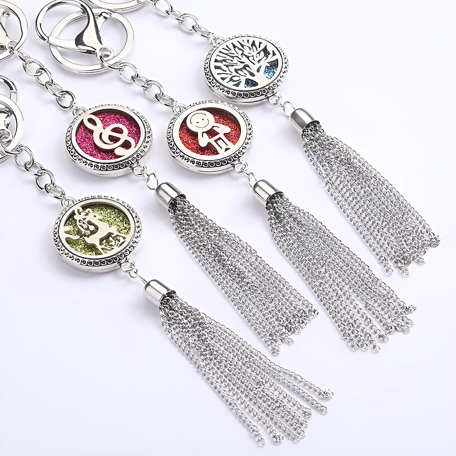 Alloy tassel car pendant fragrance diffuser necklace with multi-colour options on a 50cm chain.