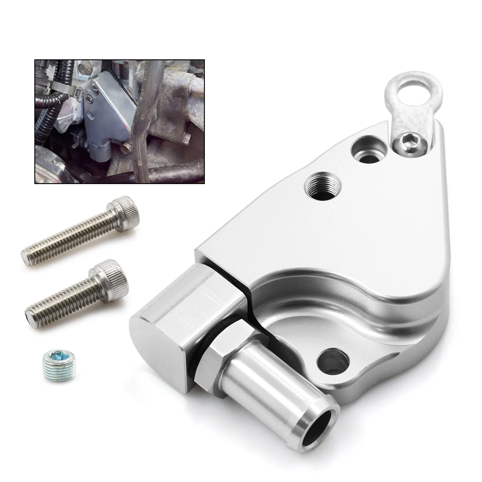 Aluminium coolant adapter for K20 K24 intake manifold measuring 145×105×35mm