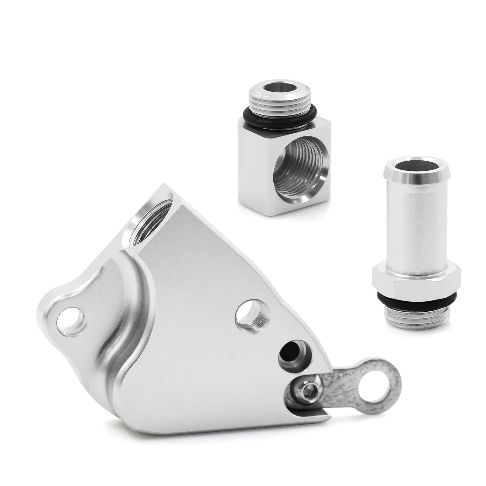Aluminium coolant adapter for K20 K24 intake manifold measuring 145×105×35mm