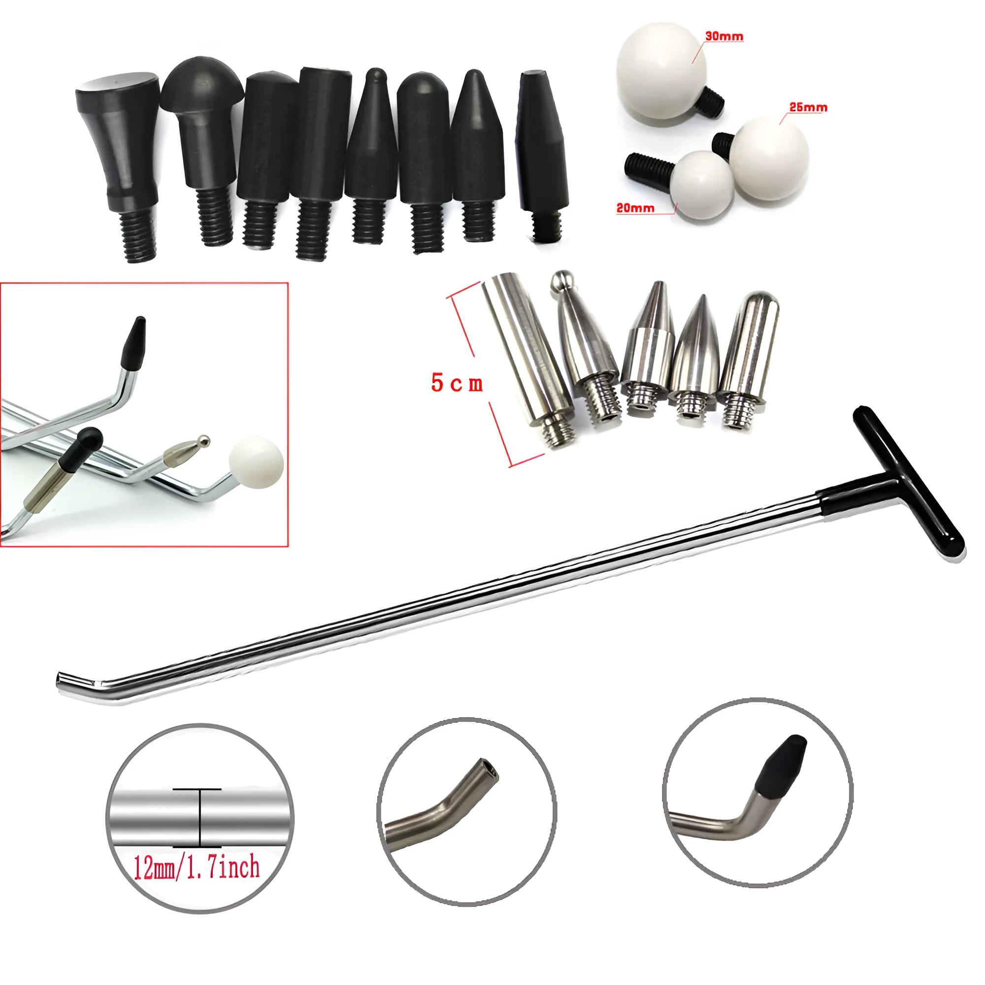 Silver spring steel car dent repair hook tool with 16 replaceable heads for no-paint dent removal