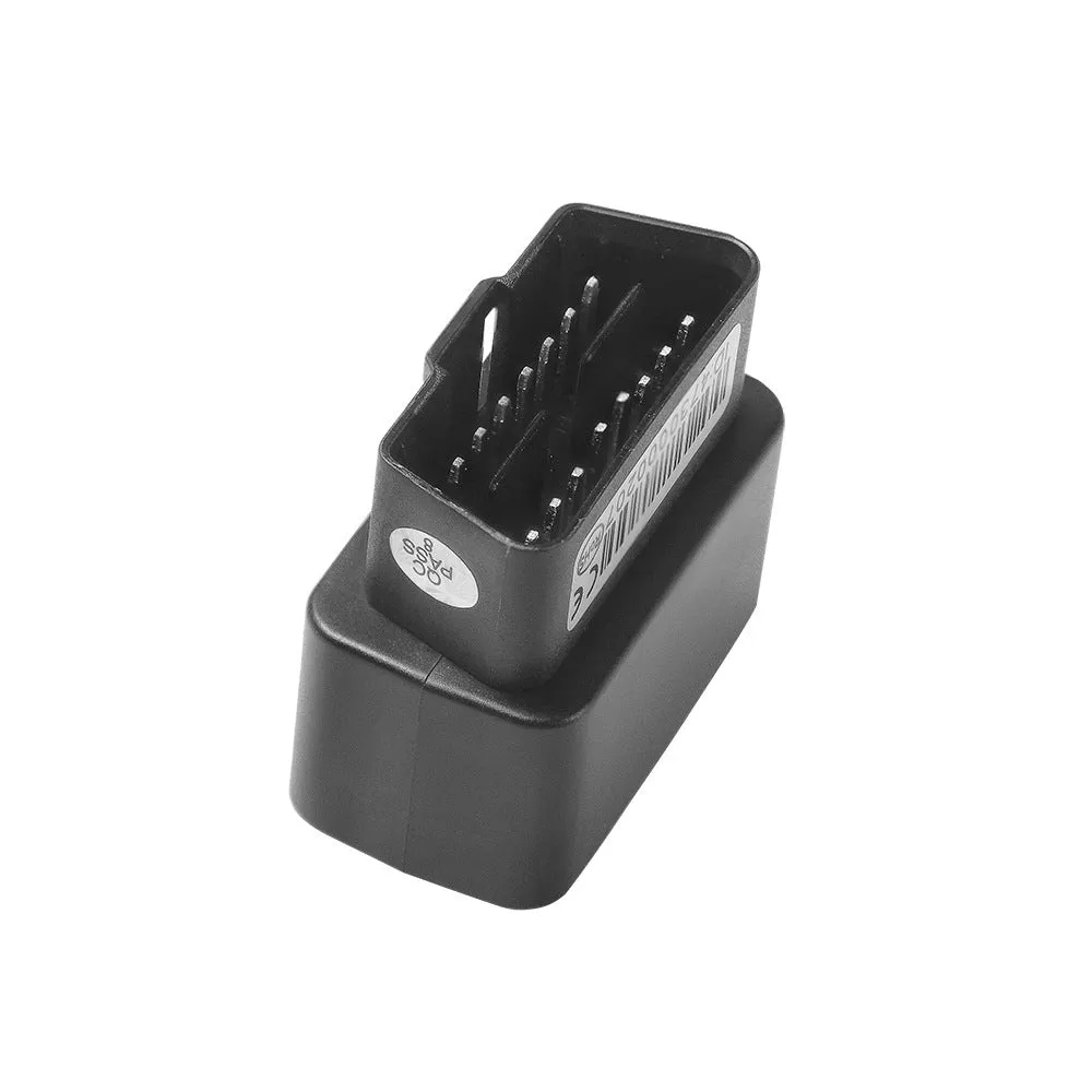Black car OBD GPS locator with quad positioning (GPS, BeiDou, Wi-Fi, LBS) and IPX-6 waterproof rating, shown plugged into a vehicle OBD port