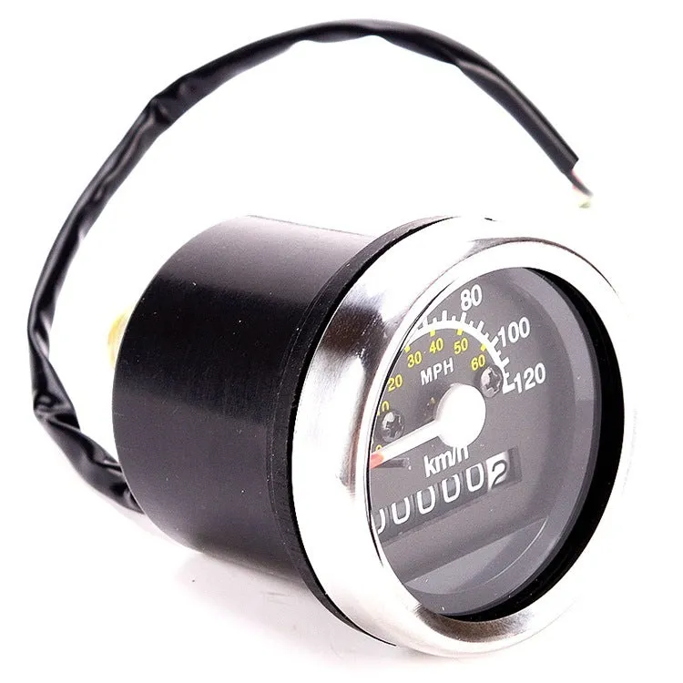 Round black electroplated iron motorcycle mechanical speedometer with dual km/h and MPH scales, 61.5mm diameter, 52mm mounting hole