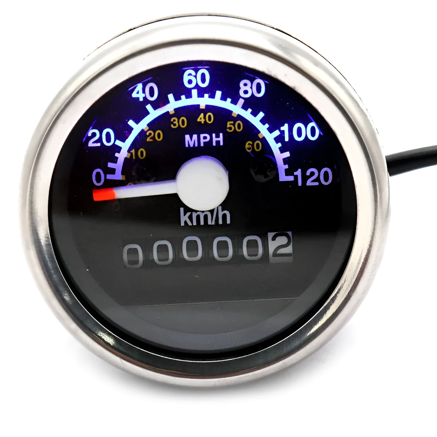 Round black electroplated iron motorcycle mechanical speedometer with dual km/h and MPH scales, 61.5mm diameter, 52mm mounting hole